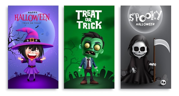 Halloween text vector poster set design Treat or trick halloween greeting card with witch zombie