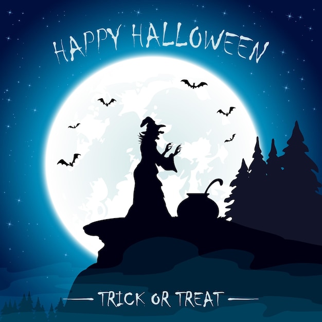 Halloween-thema met heks en maan op hemelachtergrond