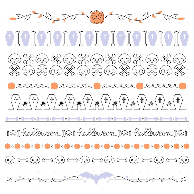 Vector halloween thema naadloze randen collectie eenvoudige één lijnstijl bewerkbare lijndikte vectorillustratie