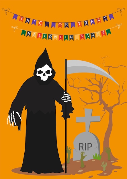 Тема хэллоуина мрачный жнец и могила векторные иллюстрации с желтым фоном счастливый хэллоуин trickortreat