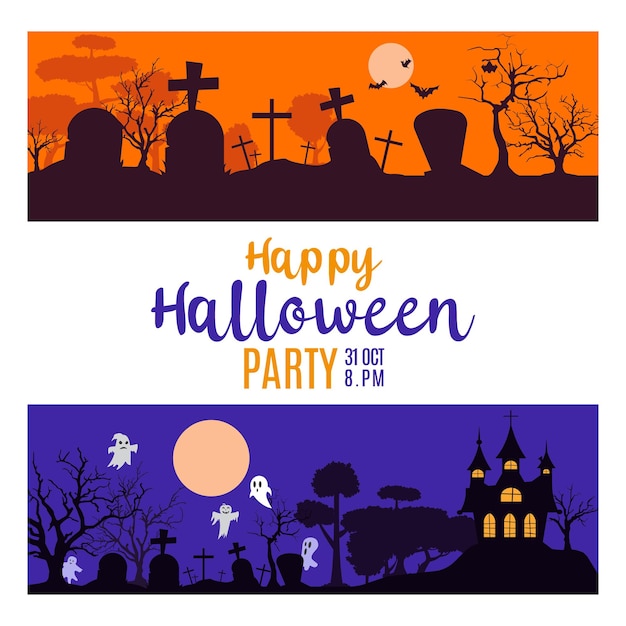 Halloween theme party vector The panoramic silhouette of the cemetery under the moon Landscape with graves and crosses Spooky illustration Vector illustration