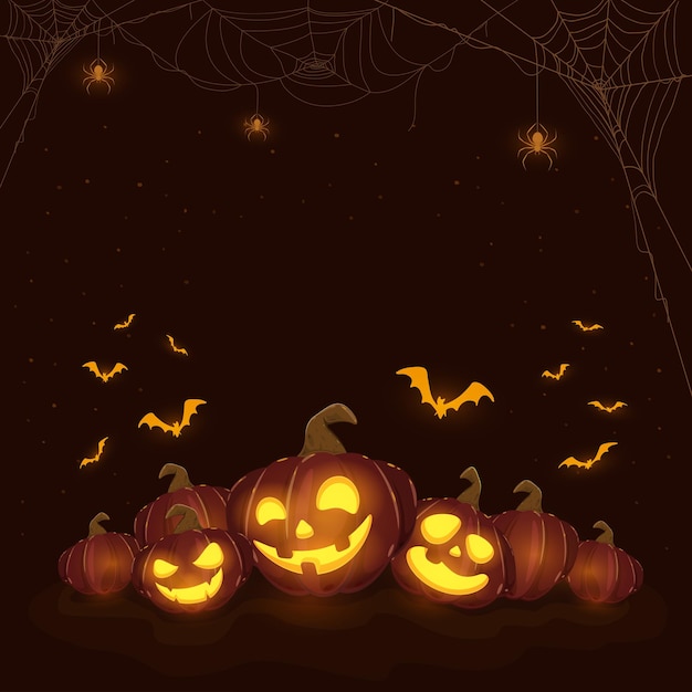 Halloween Theme with Pumpkins and Spiders on Black Moon Background