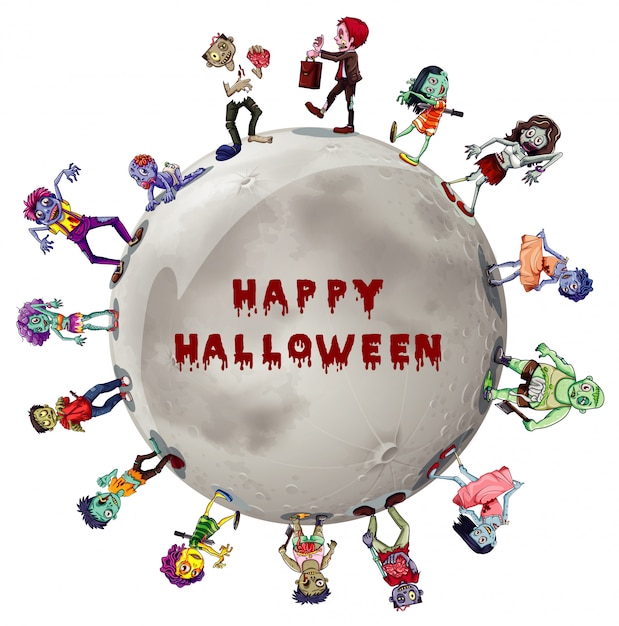 Vector halloween theme with zombies around the moon