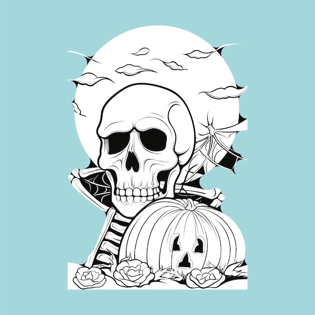 Vector halloween themed skull and pumpkin illustration