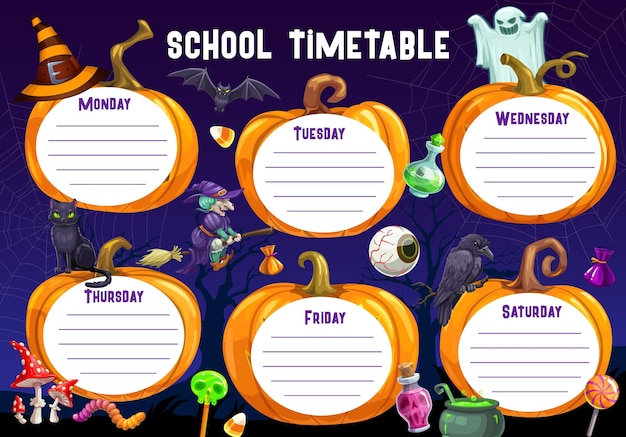 Halloween timetable schedule with cartoon pumpkins