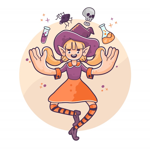 Halloween-tovenaarsheks drijvende spin, schedel en drankjes leuke illustratie