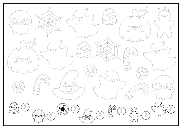Halloween tracing worksheet with traditional holiday characters Trace and count activity Educational math spy and drawing game Autumn holiday coloring page with ghost pumpkin skull
