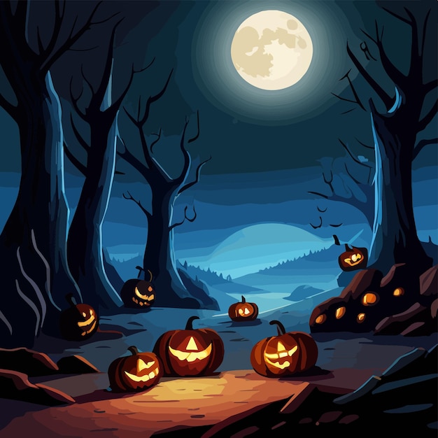 Vector halloween traditie symbolen pompoenen en donker bos op blauwe maan achtergrond vectorillustratie