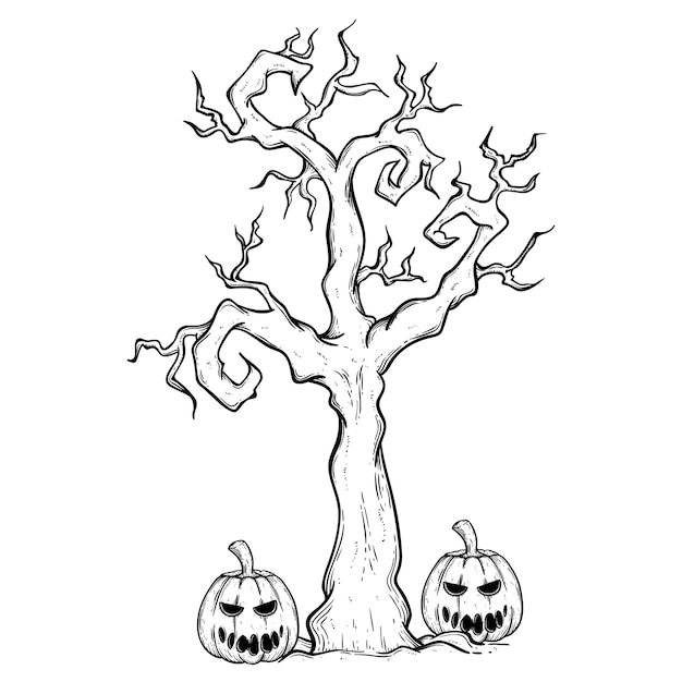 Vector halloween tree and pumpkin with spooky face using hand drawing style