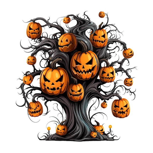 Halloween tree with halloween pumpkin vector illustration Vintage style halloween tree and pumpkin