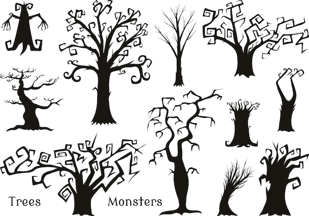 Vector halloween trees creepy or scary and frightening branches fabulous mythical or fantastic monsters