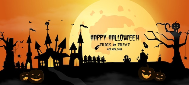 Halloween trick or treat spookachtige nacht met pompoenen, huis, maan, grafstenen, graven en vliegende vleermuizen