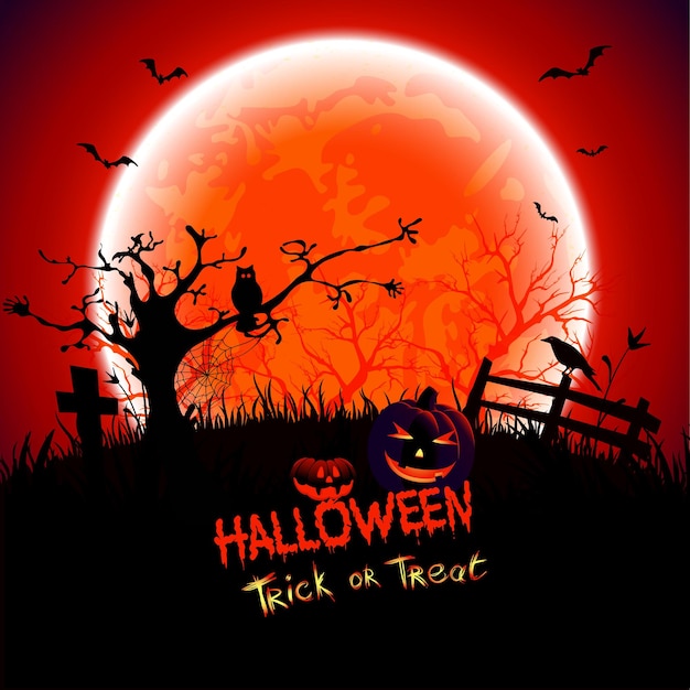 Vector halloween trick or treat blood moon with scary pumpkin bat owl cobweb tree cross