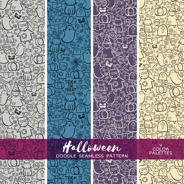 Vector halloween trick or treat doodle seamless pattern. abstract vector background. cute hand drawn wallpaper. coloring book page.
