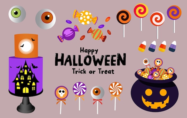 Halloween trick or treat elements vector set design Happy halloween candies lollipop eyeballs