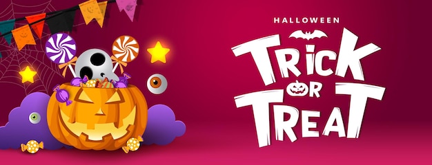 Halloween trick or treat text vector design Halloween pumpkin lantern with candy sweets elements