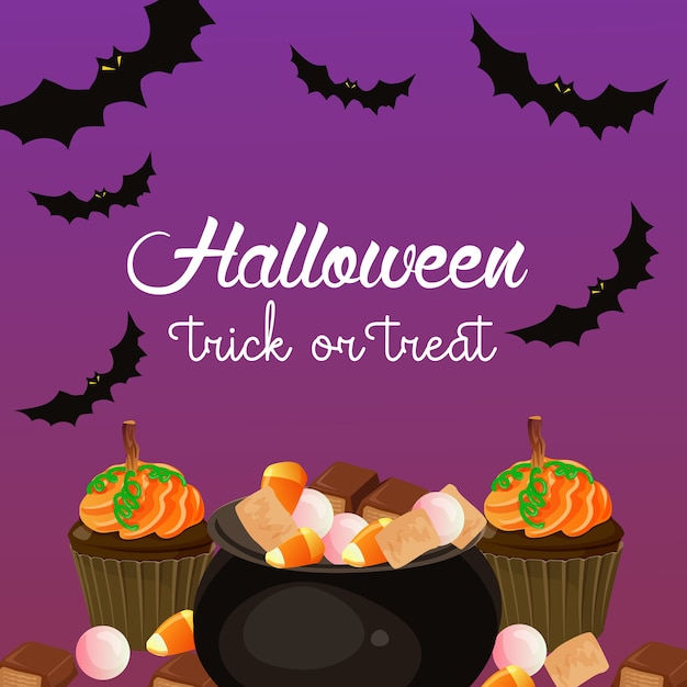 Halloween trick or treat with pot of candy and muffin