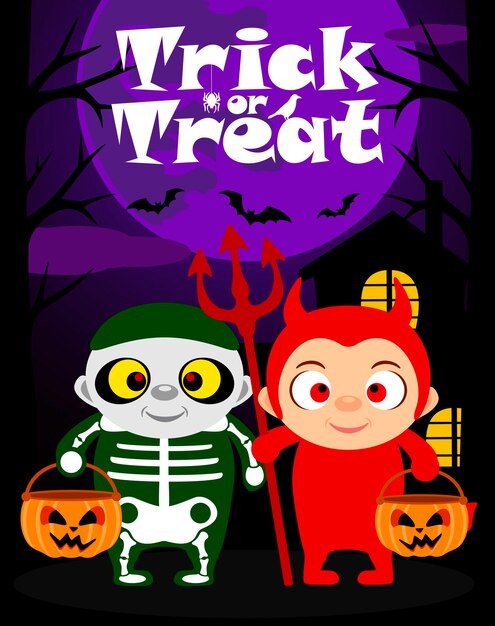 Vector halloween trick or treating background with children