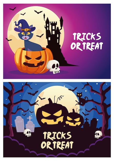 Halloween tricks or treat lettering with cat and pumpkin in cemetery scenes