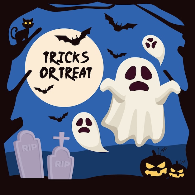 halloween tricks or treat lettering with ghosts and pumpkins in cemetery