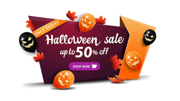 Halloween uitverkoop, tot 50% korting, horizontale kortingsbanner in cartoon-stijl met halloween-ballonnen, herfstbladeren en knop