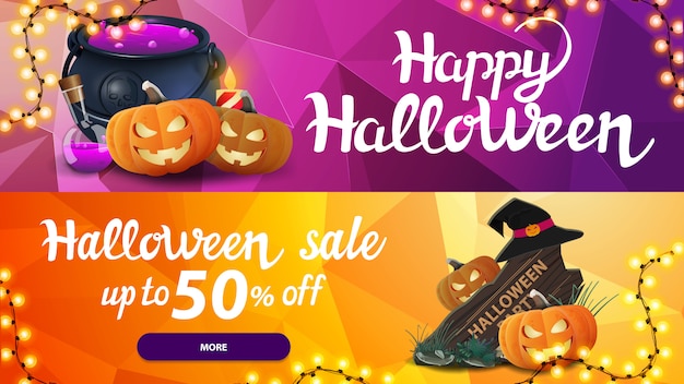 Vector halloween uitverkoop, tot 50% korting, twee horizontale webbanners