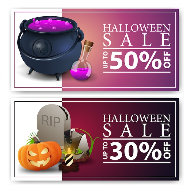 Halloween-uitverkoop, twee kortingsbanners met heksenpot met drankje, grafsteen en pompoen jack