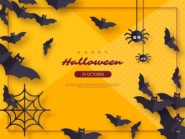 Halloween vakantie achtergrond. Papier gesneden stijl vliegende vleermuizen en spinnen. Gele kleur achtergrond met frame en begroeting. Vector illustratie.