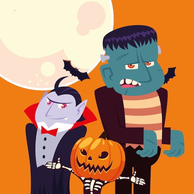 Vector halloween-vampierschedel met pompoen en frankenstein-tekenfilmsontwerp, vakantie en enge themaillustratie