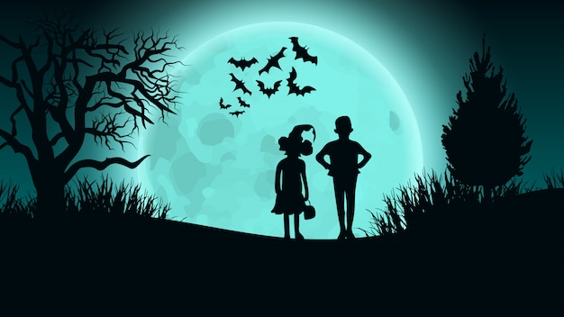 Halloween vector achtergrond. kinderen op moon road.