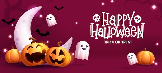 Хэллоуин векторный дизайн фона счастливый хэллоуин трюк или угощение текст с милым призраком и тыквами