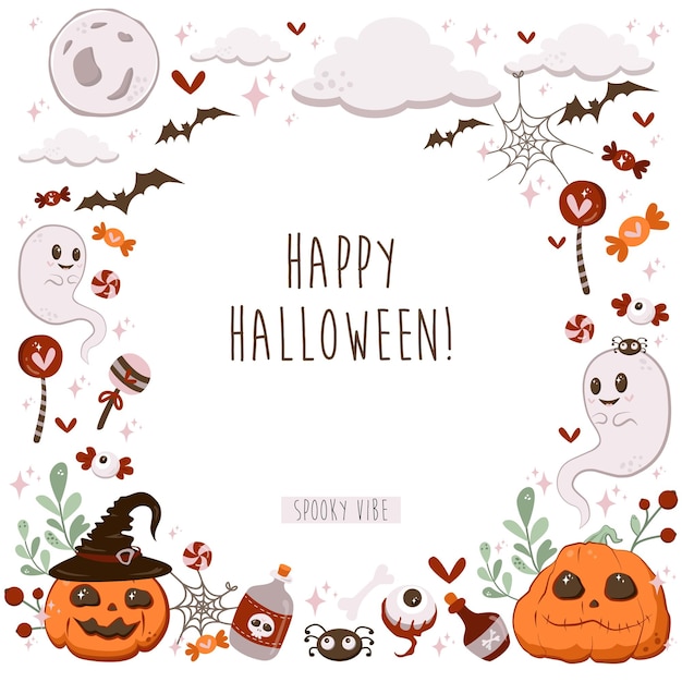 Vector halloween vector cartoon frame with cute characters, ghost, witch hat, bat, moon with pumpkin clouds