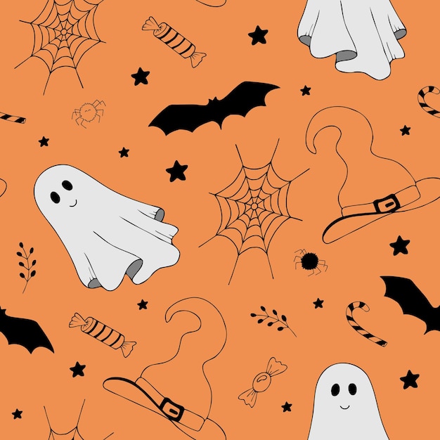 Halloween vector cartoon naadloze patroon spoken vleermuizen heksenhoed spinnenwebben snoep