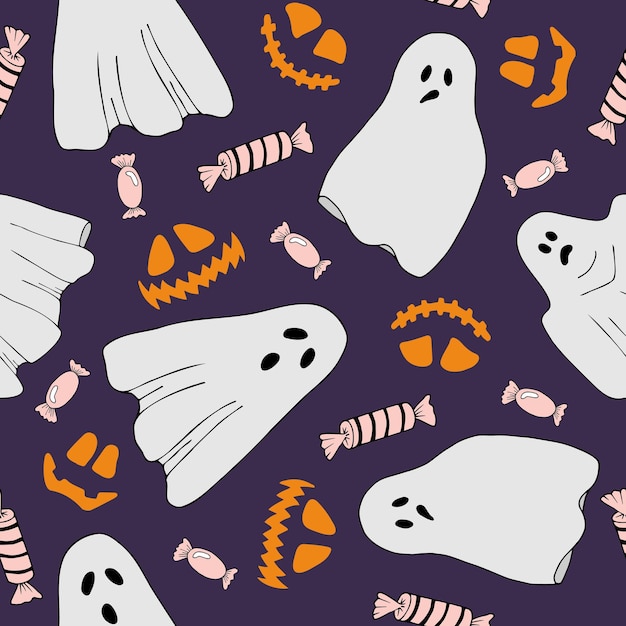 Halloween vector cartoon seamless pattern ghosts jackolantern purple background