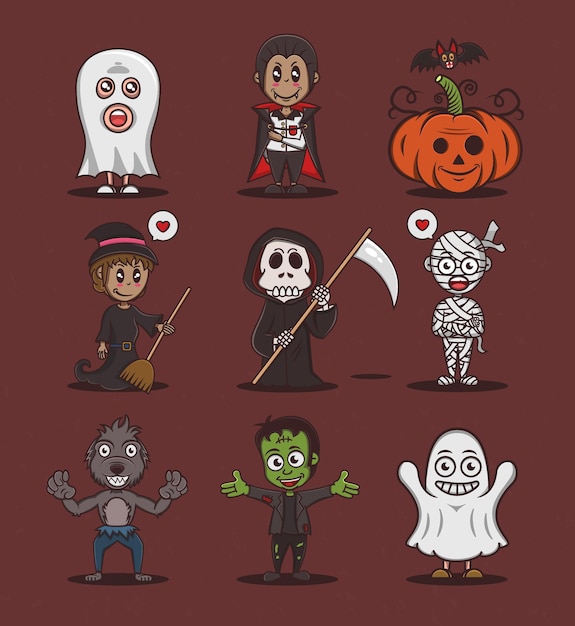 Vector halloween vector characters set in cartoon style premium vector