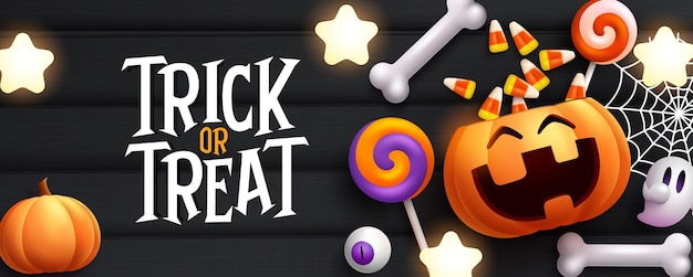 Halloween vector concept design Trick or treat text with pumpkin basket full of candies