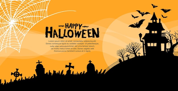 Halloween vector design with spooky house and graveyard silhouette on orange background