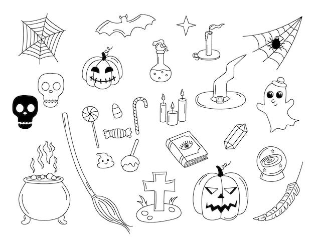 Halloween vector doodles set Hand drawn black and white scary elements isolated Halloween scribble outline objects pumkin lantern witch cauldron and hat cute ghost grave candles Illustration