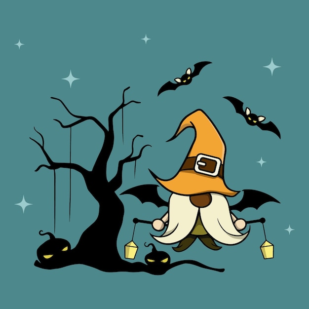 Halloween vector gnome in hat with  bat, pumpkin beard, skull and lantern. trick or treat. isolated