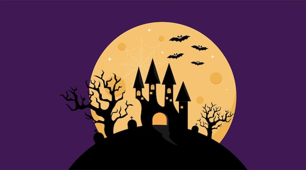 Halloween Vector illustration of a castle on a full moon