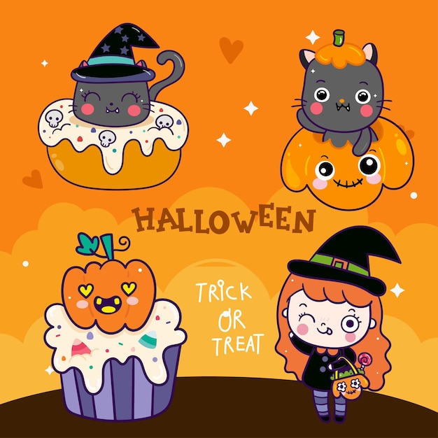 Halloween vector illustration cute cartoon cat owl witch pumpkin cupcake