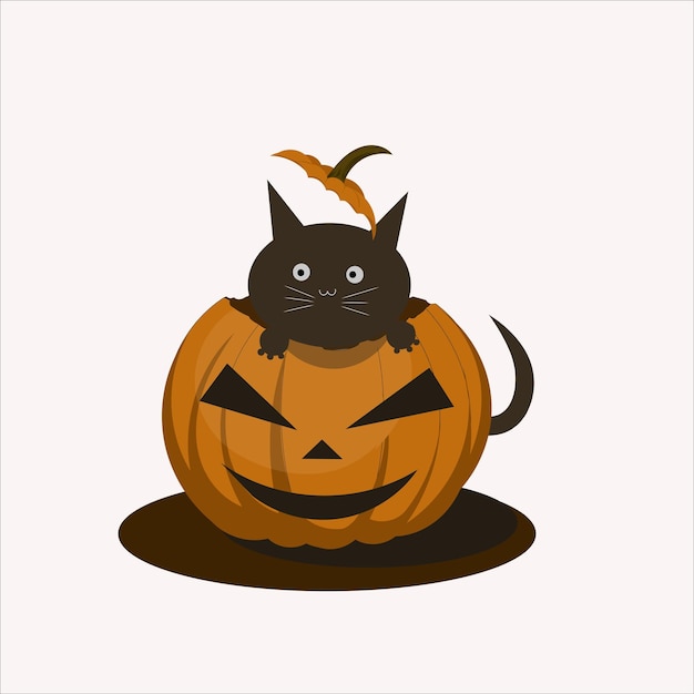 Halloween vector illustration with black cat top of a pumpkin