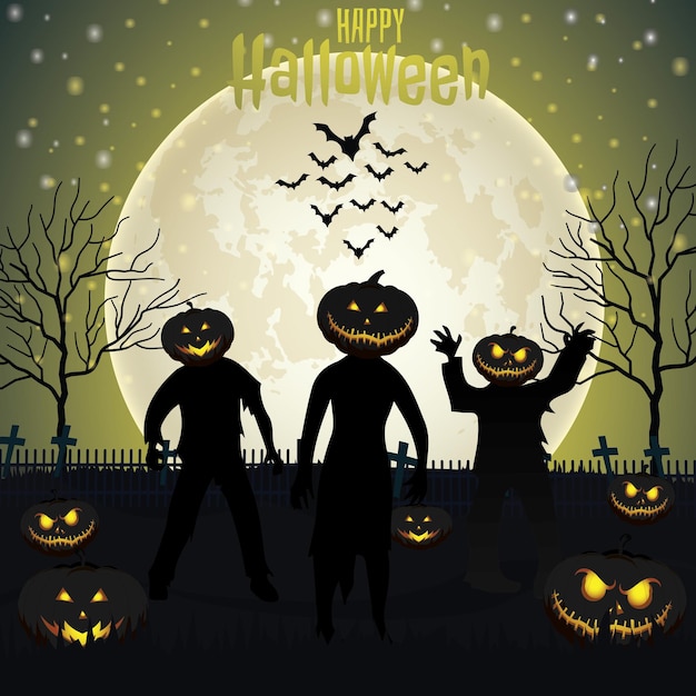 Vettore illustrazione vettoriale di halloween con luna notturna e fantasmi