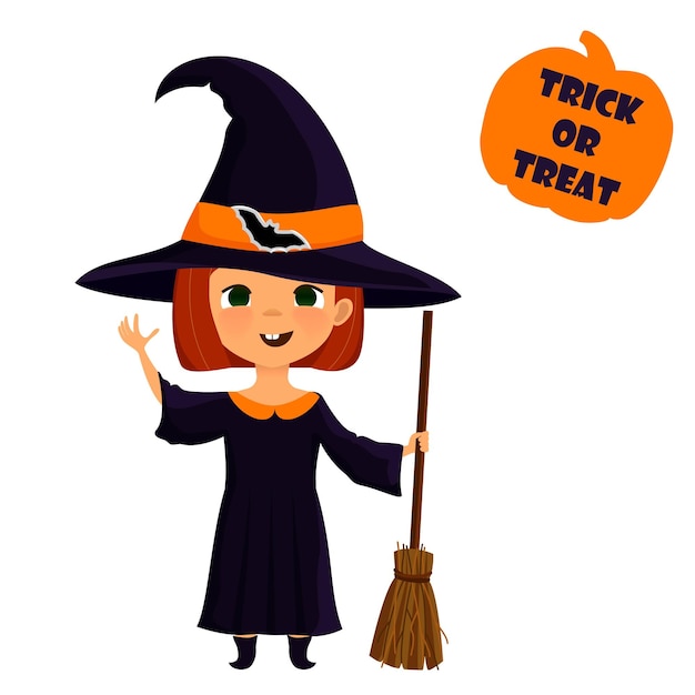 Halloween vector illustration. Young girl in Halloween witch costume with hat and broom.