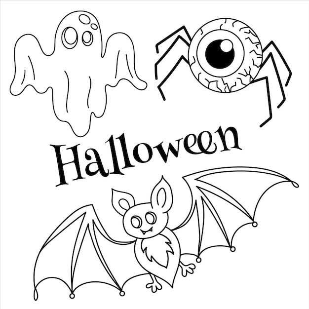 Halloween vector instellen illustratie. Gost, vleermuis en spider eye doodle halloween kunst met geïsoleerde bac