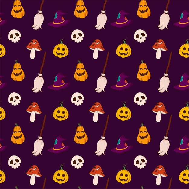 Halloween vector seamless pattern cartoon pumpkins witches broom and hat skull worm mushroom