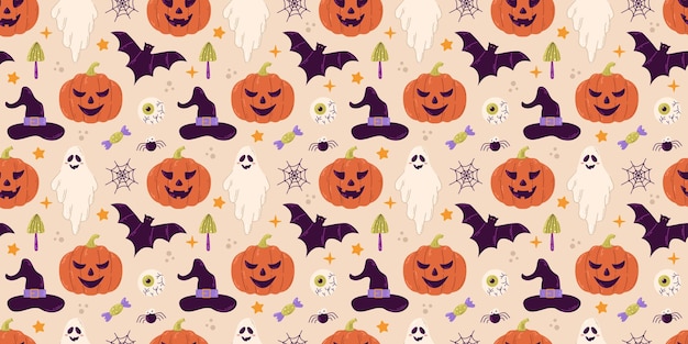 Vector halloween vector seamless pattern design with pumpkin bat spider and ghost