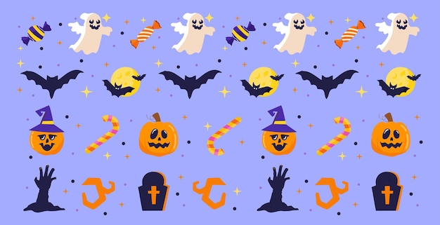 Halloween vector seamless pattern design with pumpkins bats ghosts candy and tombstones