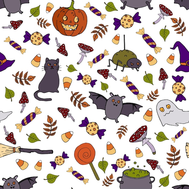 할로윈 벡터 원활한 패턴 유령 빗자루 고양이 박쥐 모자 배경 휴일 다채로운 질감