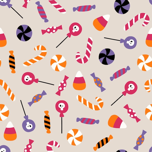 Halloween vector seamless pattern with candy Pattern with sweets for Halloween Flat illustration